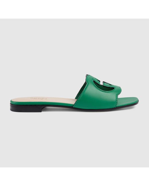Gucci Women's Interlocking G Cut-out Slide Sandal in Green | Lyst