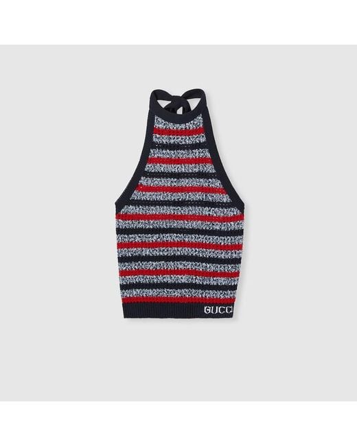 Gucci Red Striped Fine Cotton Knit Halterneck Top