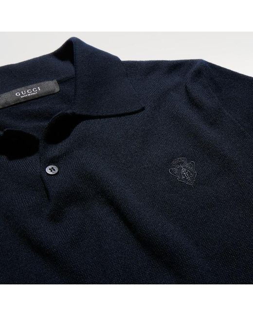 Gucci Blue Knit Cashmere Polo Shirt With Embroidery for men