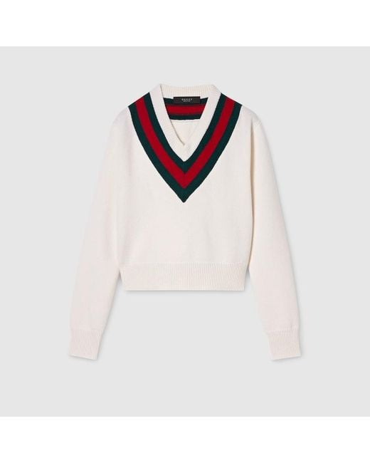 Gucci White Fine Knit Wool Sweater With Web
