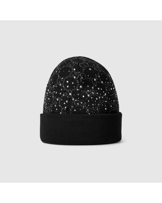 Gucci Black Gg Wool Beanie Hat With Crystals