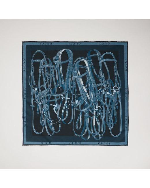 Gucci Blue Printed Cotton Silk Pocket Square for men