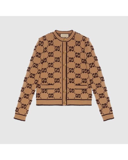 Cardigan in jacquard di lana GG di Gucci in Brown