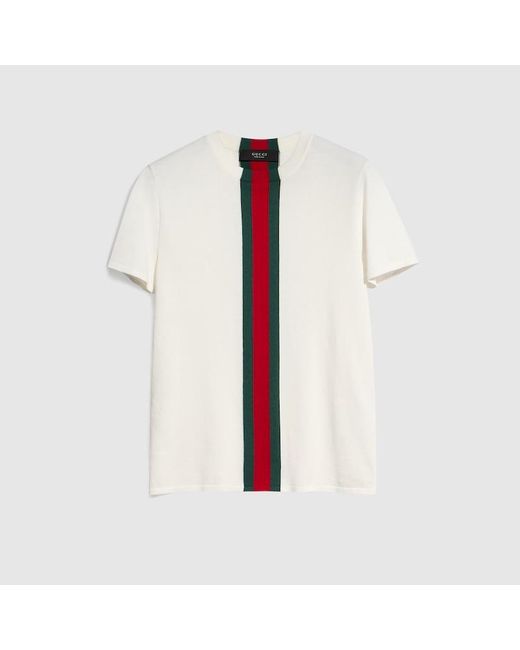 Gucci White Knit Cotton T-Shirt With Web Intarsia for men