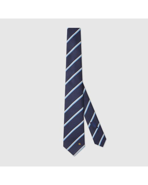 Gucci Blue Striped Double G Silk Jacquard Tie for men