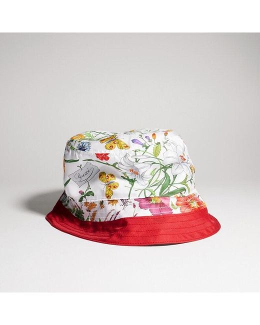 Gucci Red Printed Silk Twill Bucket Hat