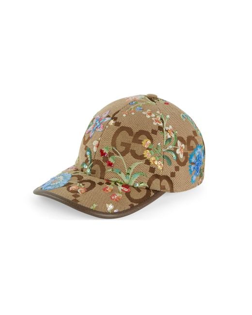 Gucci Natural Jumbo GG Baseball Hat With Floral Embroidery