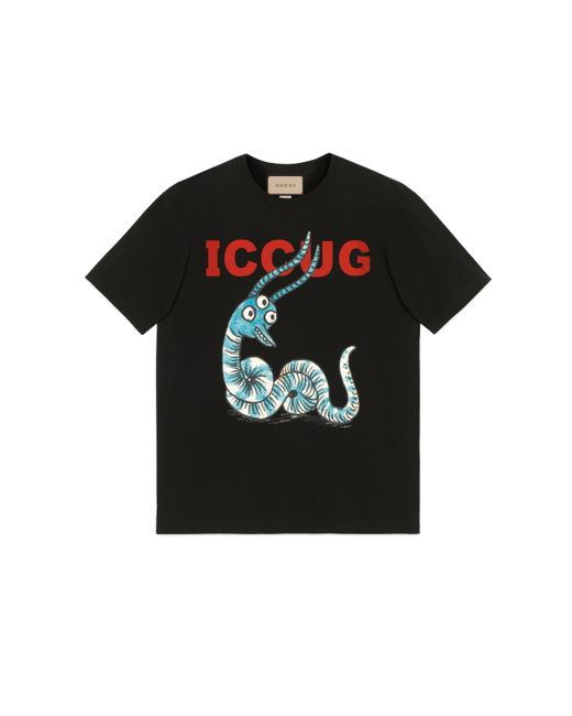 Gucci Black T-shirt With Iccug Animal Print By Freya Hartas for men