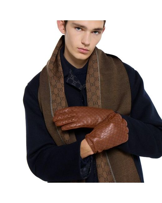 Gucci Brown Embossed Gg Leather Gloves for men