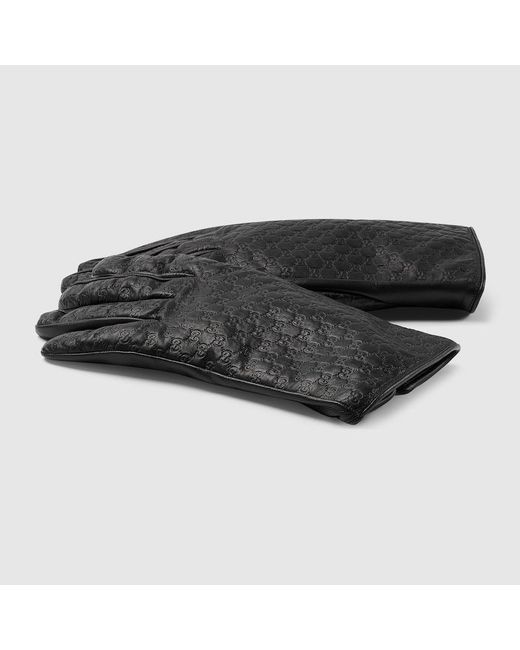 Gucci Black Embossed Gg Leather Gloves for men