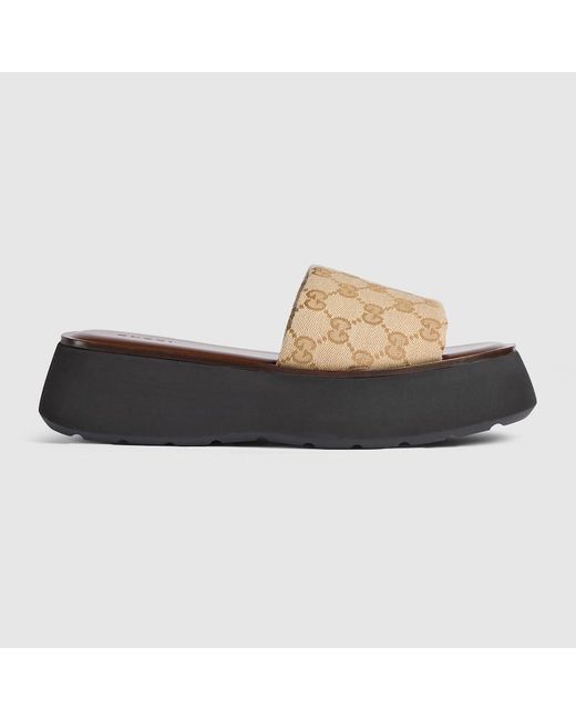 Gucci Black Flatform Slide Sandal, Gg Canvas