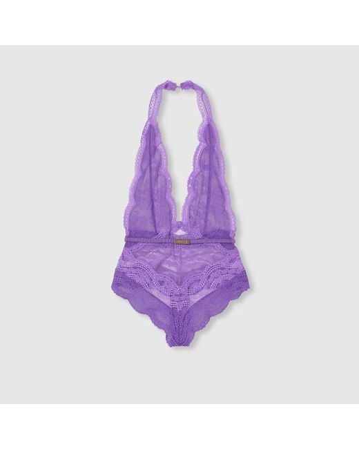 Gucci Purple Floral Lace Tulle Bodysuit