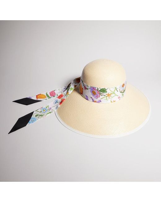 Gucci White Panama Twill Hat With Silk Ribbon