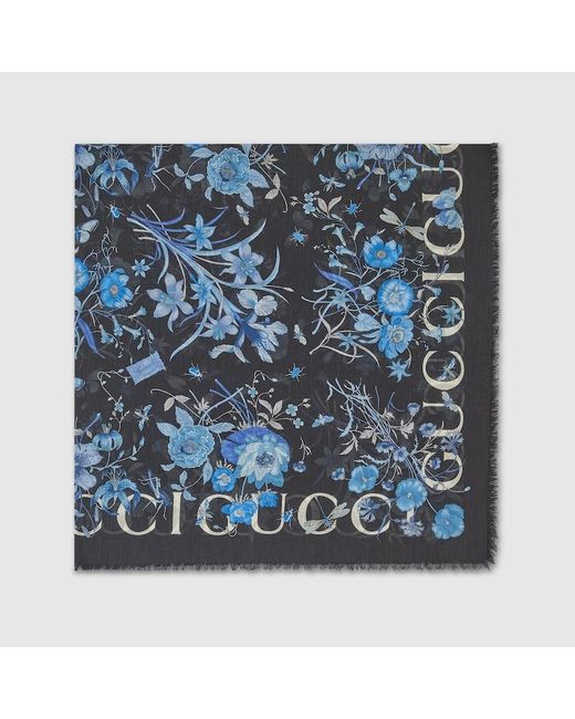 Gucci Blue Schultertuch Mit Blumen-Print