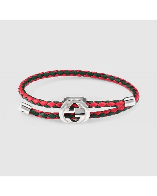Gucci Red Braided Leather Bracelet With Web