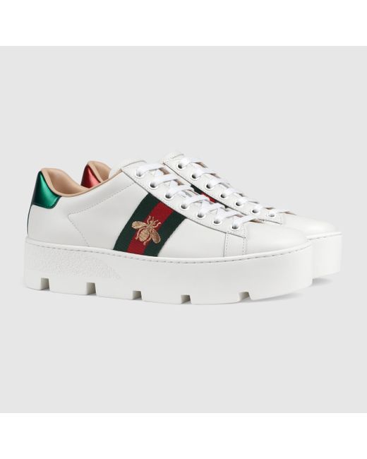 Gucci Ace Embroidered Leather Platform Sneaker in White | Lyst