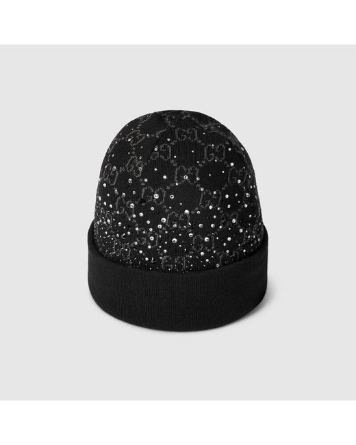 Gucci Black Gg Wool Beanie Hat With Crystals