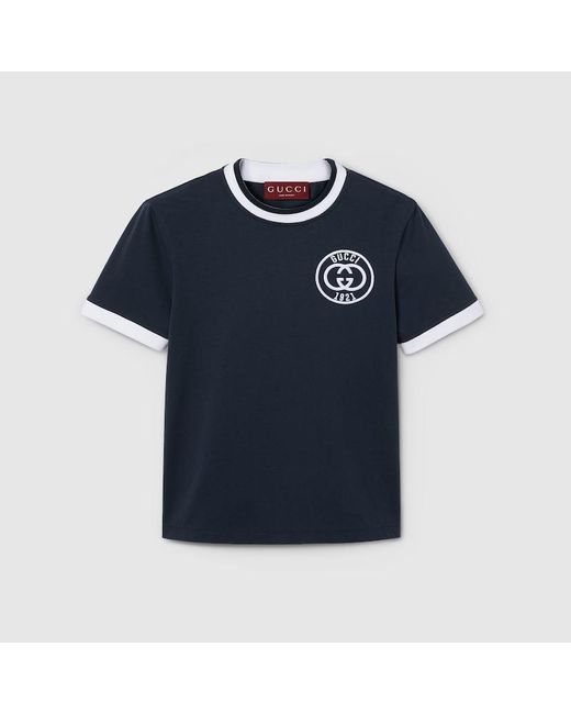 Gucci Blue T-Shirt Aus Baumwolljersey Mit Stickerei