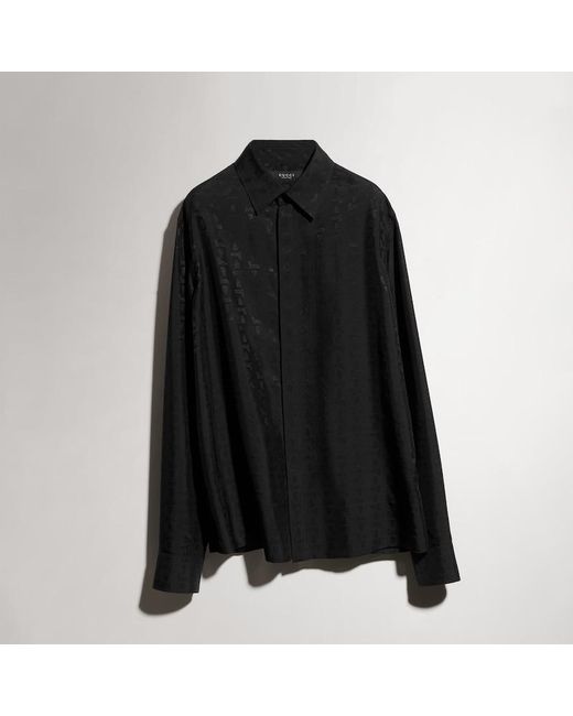Gucci Black Silk Habotai Shirt With Jacquard Detail, Size 38 It, Ready-To-Wear