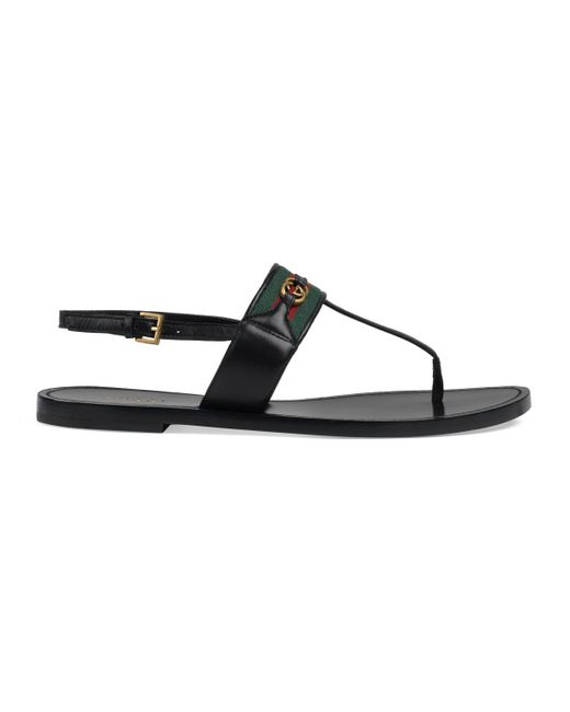 Gucci Black Leather Thong Sandals With Web