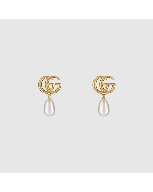 Gucci Metallic Gg Marmont Pearl Drop Earrings