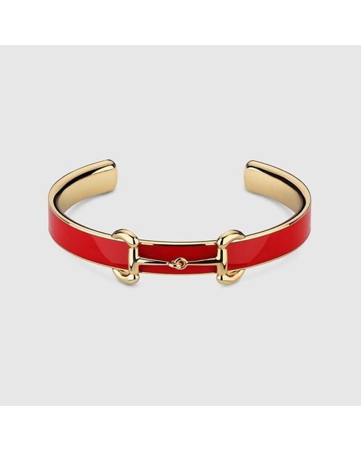 Gucci Red Horsebit Bangle Bracelet With Enamel, Size M, -Toned Metal