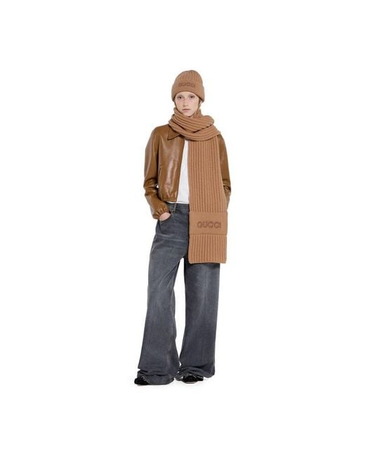 Gucci Brown Wool Cashmere Scarf With Embroidery