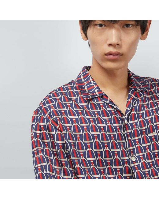 Camicia In Seta Con Stampa Morsetto di Gucci in Red da Uomo