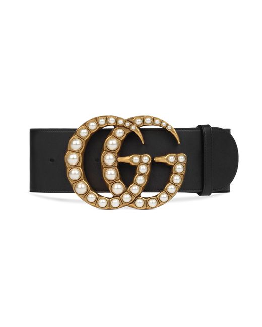 Gucci White Wide Leather Belt With Pearl Double G