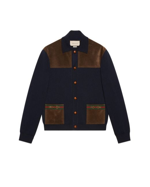Gucci Blue Suede And Wool Stitch Knit Cardigan for men