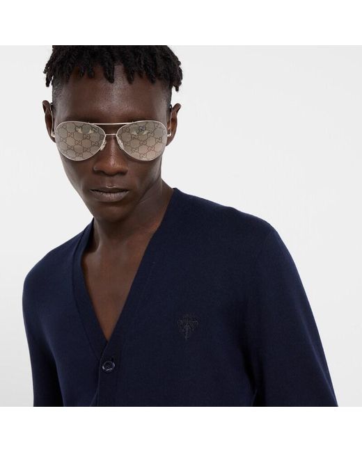Gucci Blue Knit Wool Cardigan With Embroidery for men