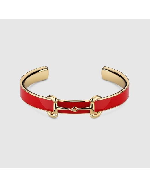 Gucci Red Horsebit Bangle Bracelet With Enamel, Size M, -Toned Metal