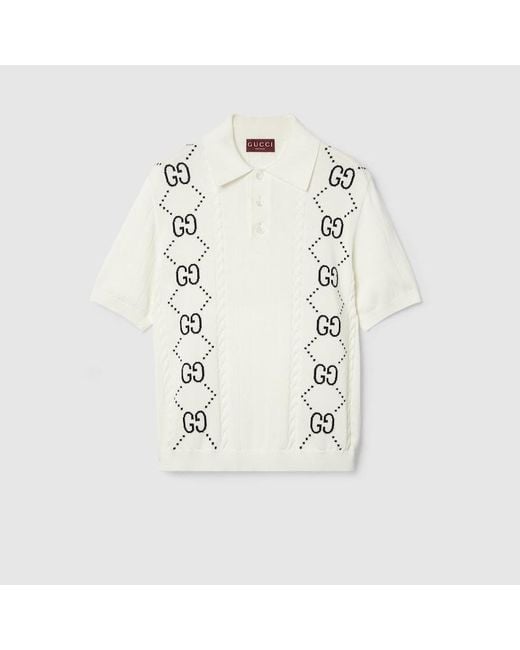 Gucci Natural Cotton Knit Polo Top With GG Intarsia for men