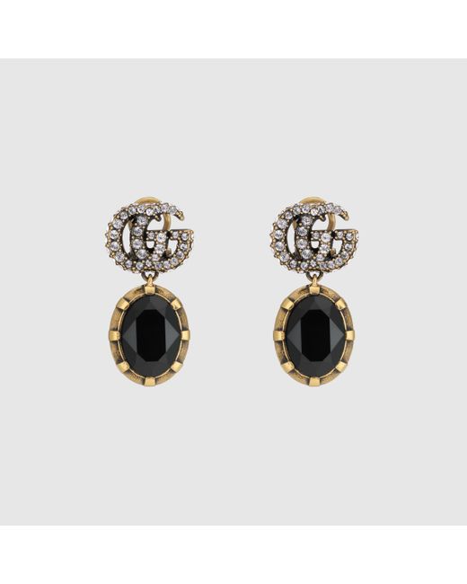 Gucci Double G Earrings With Black Crystals in Metallic Lyst