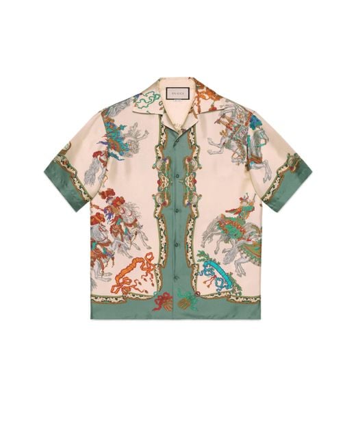 Chemise de bowling en soie à imprimé joute Gucci pour homme en coloris White