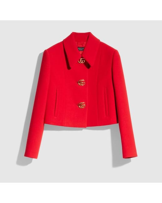 Gucci Red Crêpe Wool Jacket With Double G Button, Size 40 It, Ready-To-Wear