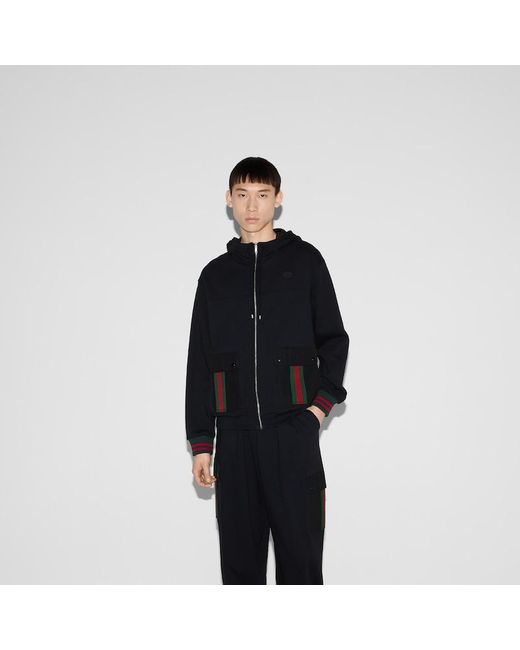 メンズ Gucci ウェブ ストライプ付き コットンジャージー フーデッド ジャケット, ブラック, ウェア Black