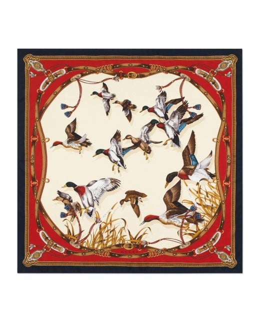 Gucci Red Silk Scarf With Flying Ducks And Belts