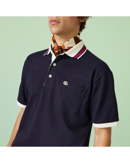 Gucci Blue Stripe-collar Short-sleeve Stretch-cotton Piqué Polo Shirt for men