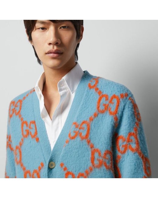 Gucci Blue Wool Cardigan With GG Intarsia for men