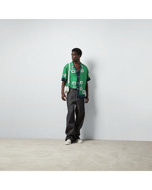 Gucci Green Silk Shirt With Horsebit Print for men