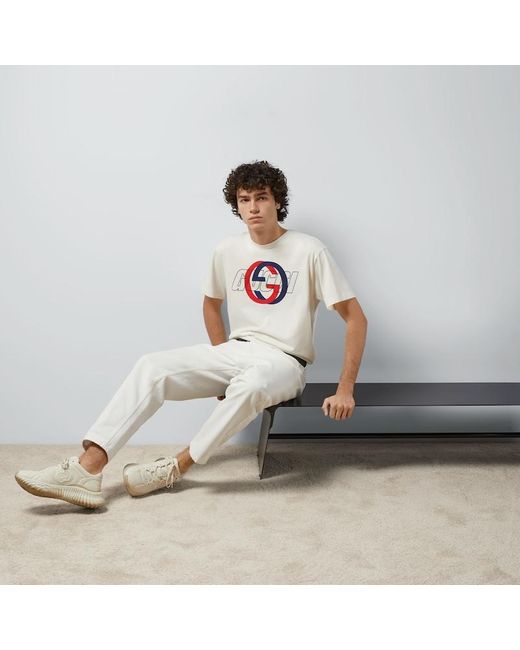T-shirt Stampata In Jersey Di Cotone di Gucci in White da Uomo