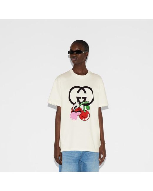 Camiseta Estampada de Punto de Algodón Gucci de color White