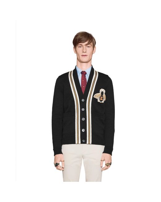 Gucci Black Wool Cardigan With Bee Appliqué for men