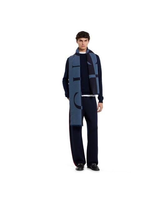 Gucci Blue Wool Scarf With Logo for men