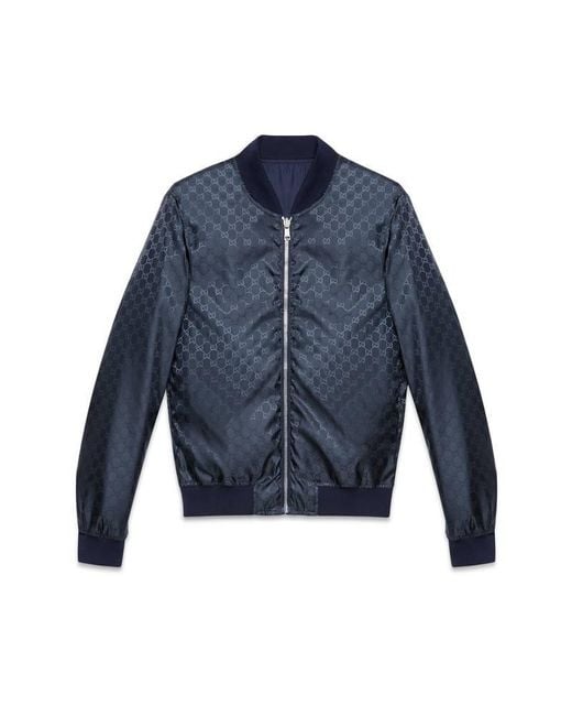 Gucci Blue Reversible Gg Jacquard Nylon Bomber Jacket for men