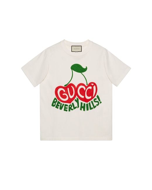 Gucci White T-shirt mit kirsche mit "beverly hills"-print