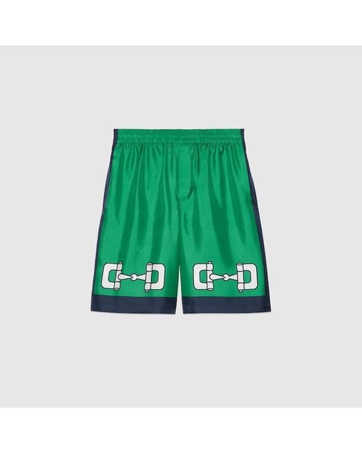 Gucci Green Silk Shorts With Horsebit Print for men
