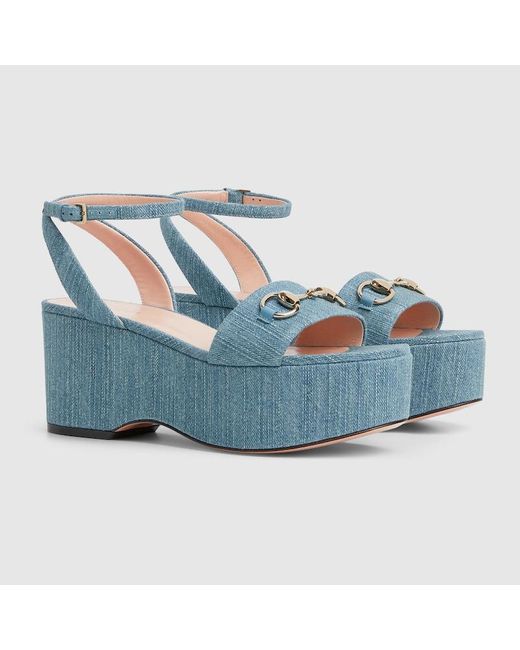 Gucci ホースビット ウィメンズ プラットフォーム サンダル, ブルー, ファブリック Blue