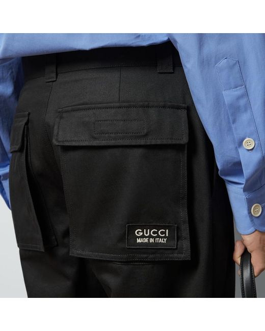 Gucci Black Cotton Drill Cargo Trousers With Patch for men